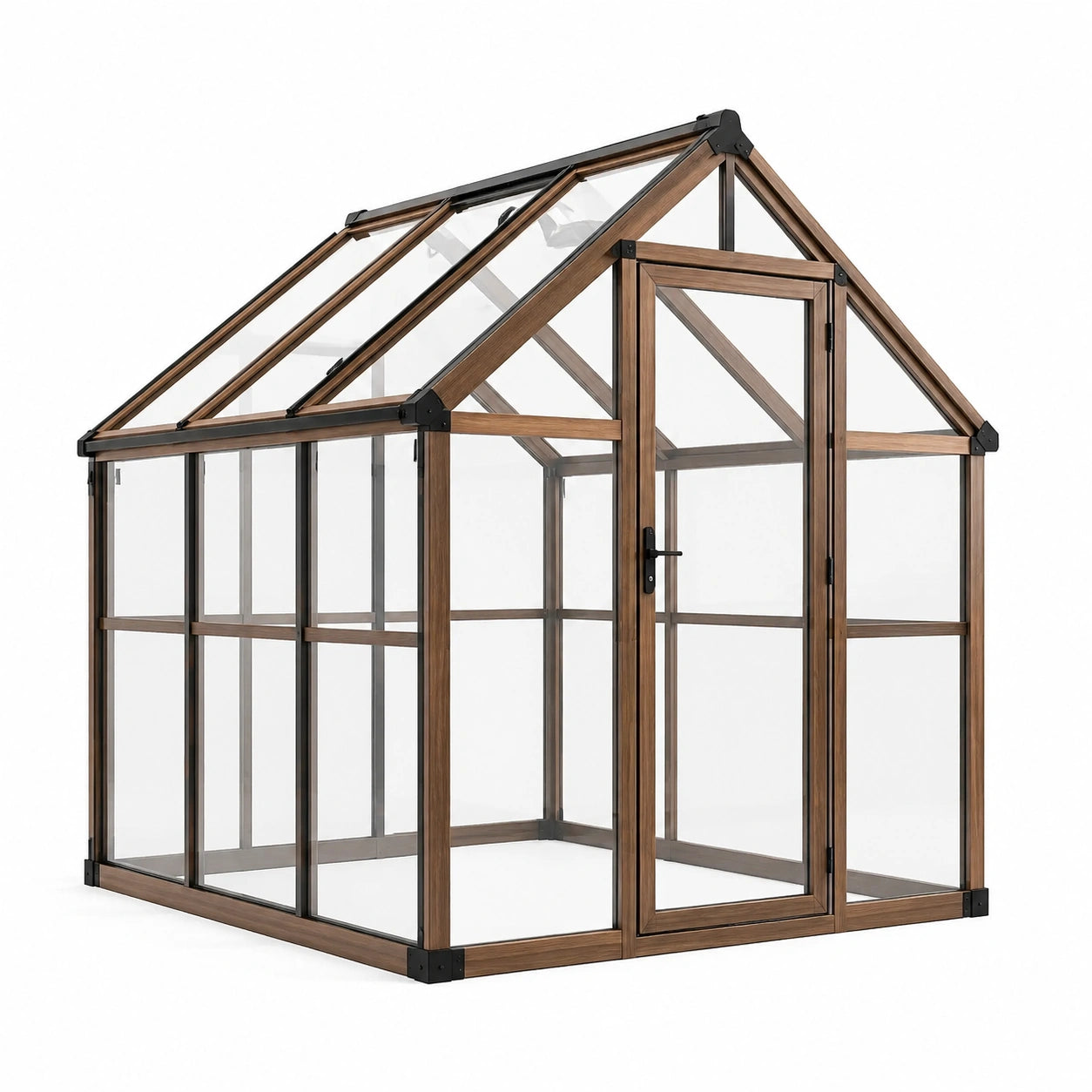 Serre de jardin en aluminium marron aspect bois avec panneaux transparents, porte battante et toit ouvrant, 244 × 183 × 210 cm