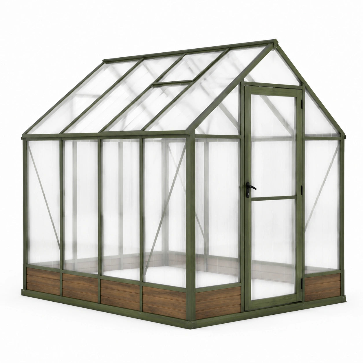 Serre de jardin en bois vert et polycarbonate transparent avec porte et lucarne de toit, 244 × 183 × 225 cm