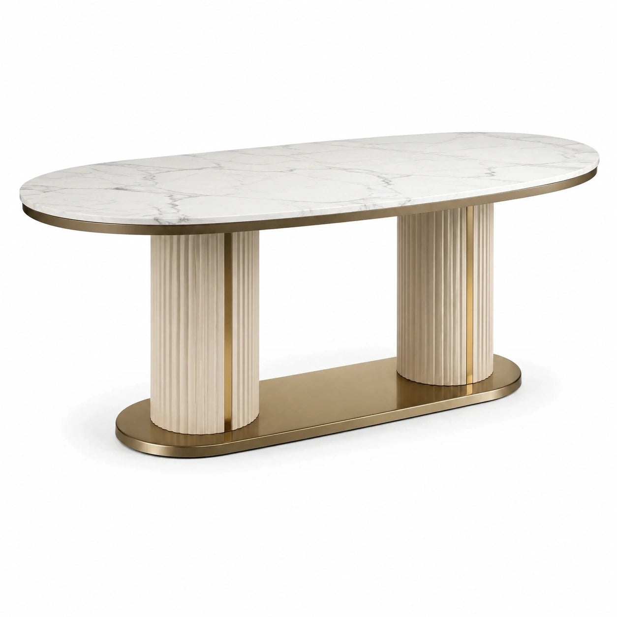 Table à manger ovale 180 × 90 × 75 cm, plateau blanc effet marbre, finitions dorées et beiges