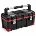 Boîte à outils noire et rouge 56 × 31 × 30 cm avec fermoirs métalliques, compartiments transparents et poignée télescopique