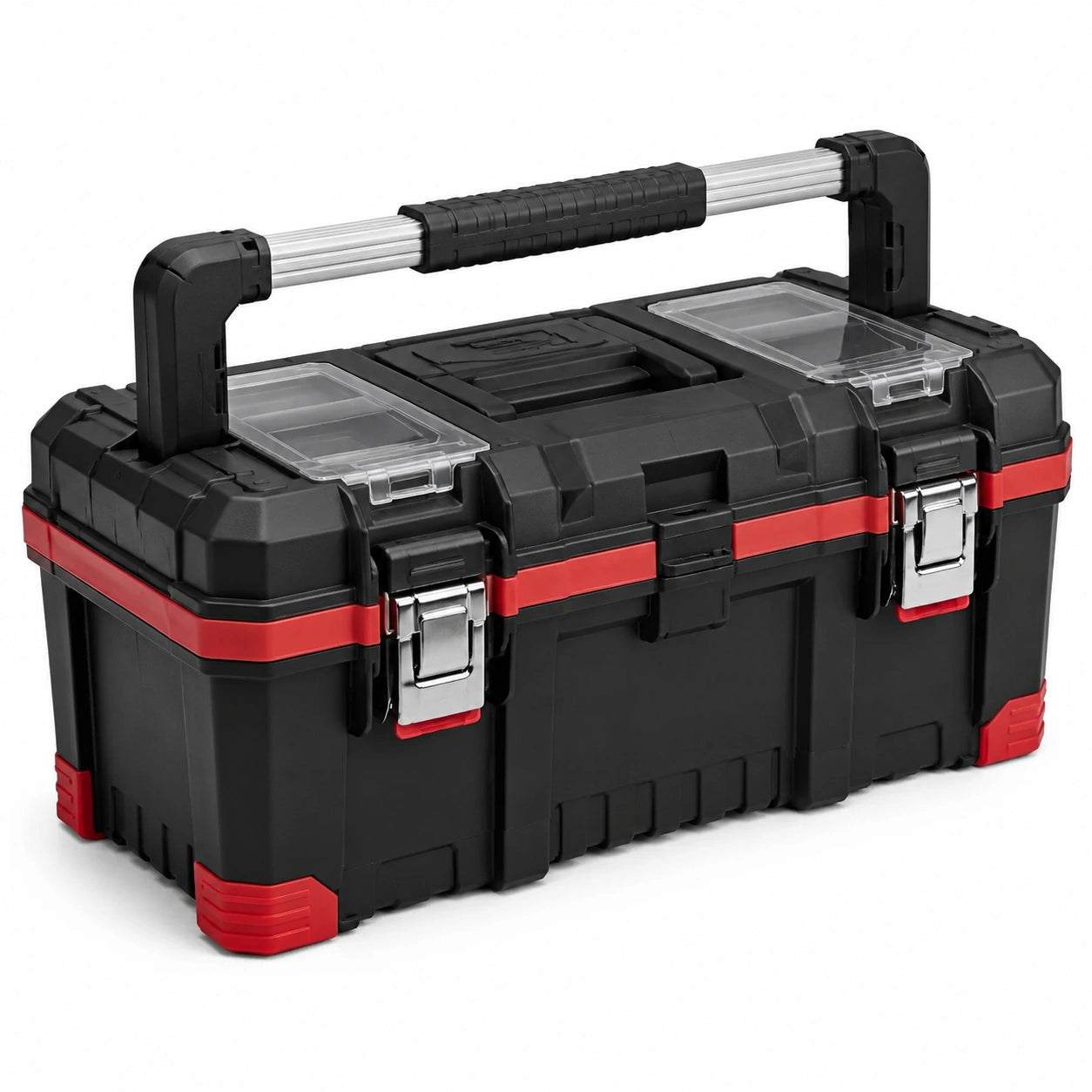 Boîte à outils noire et rouge 56 × 31 × 30 cm avec fermoirs métalliques, compartiments transparents et poignée télescopique
