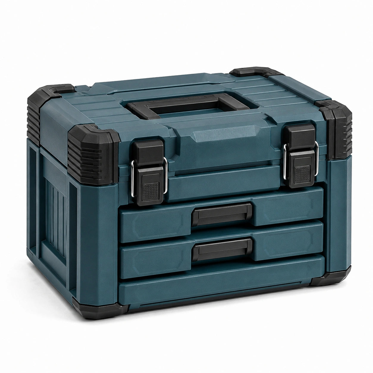 Caisse à outils portable bleu pétrole et noir, 52 × 32 × 42 cm, compartiment supérieur et 2 tiroirs