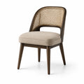 Assise en bois brun foncé avec dossier en cannage naturel et tissu beige, 52 × 58 × 82 cm, style vintage