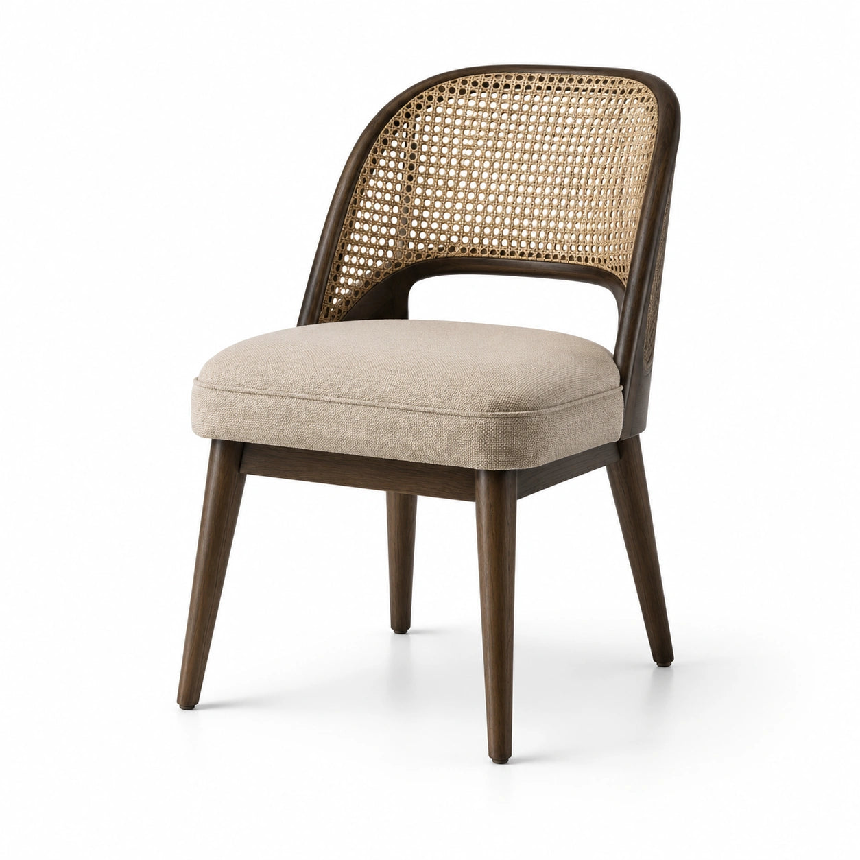 Assise en bois brun foncé avec dossier en cannage naturel et tissu beige, 52 × 58 × 82 cm, style vintage