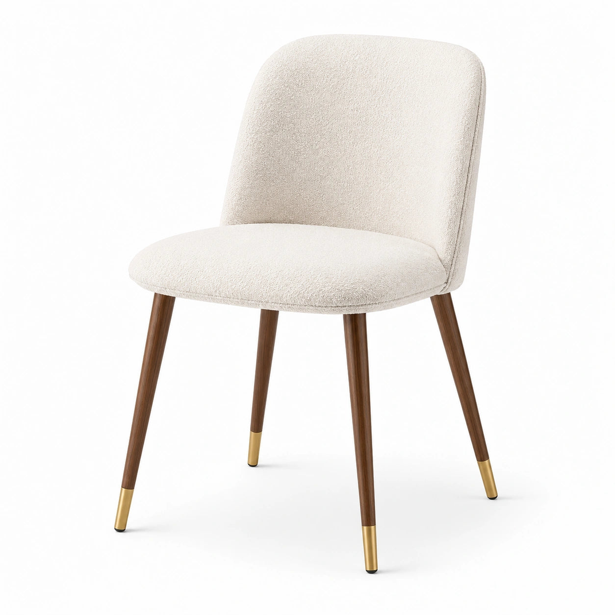 Chaise rembourrée en tissu bouclé crème avec pieds effet bois brun et embouts dorés, 50 × 55 × 82 cm