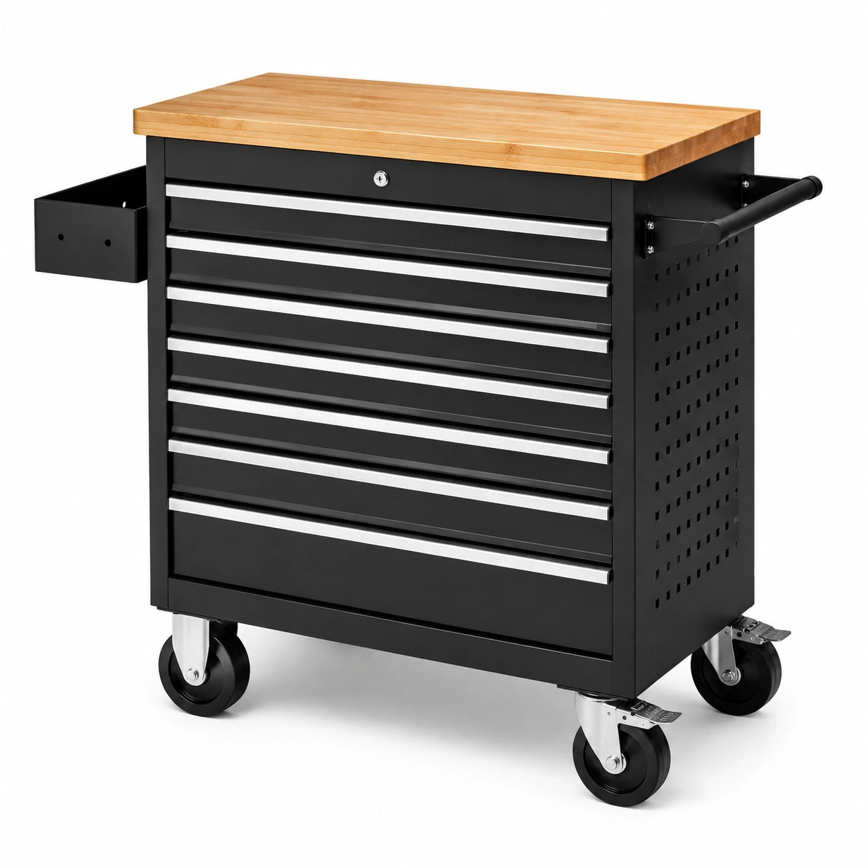 Servante d’atelier mobile en acier noir, plateau en bambou, 7 tiroirs verrouillables, 104 × 46 × 97 cm