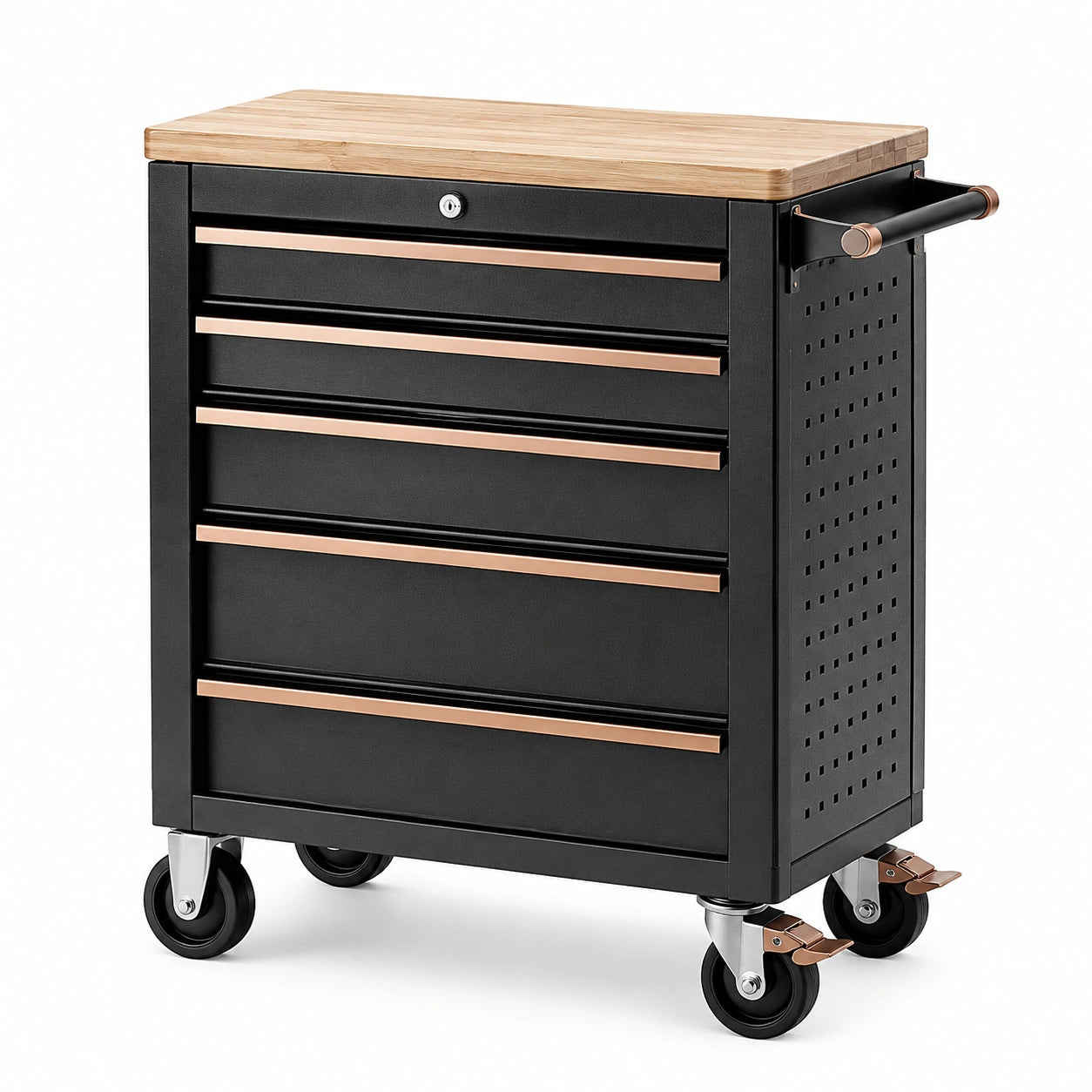 Servante d’atelier en acier noir avec plateau en bambou, 5 tiroirs verrouillables et roulettes, 77 × 46 × 95 cm