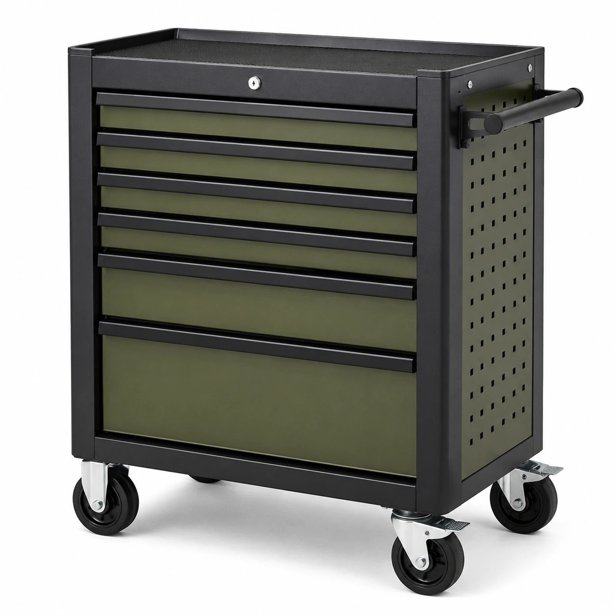 Servante d’atelier mobile verrouillable en acier, 6 tiroirs, 77 × 46 × 97 cm, noir et vert olive