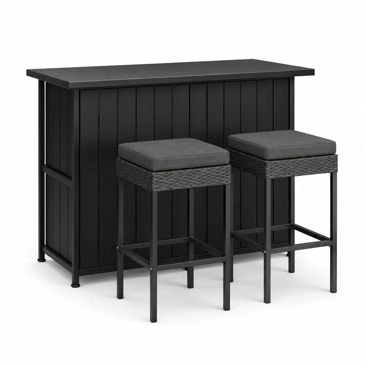 Ensemble de bar de jardin 3 pièces noir et gris anthracite – Comptoir 120 × 50 × 105 cm et 2 tabourets 40 × 40 × 75 cm