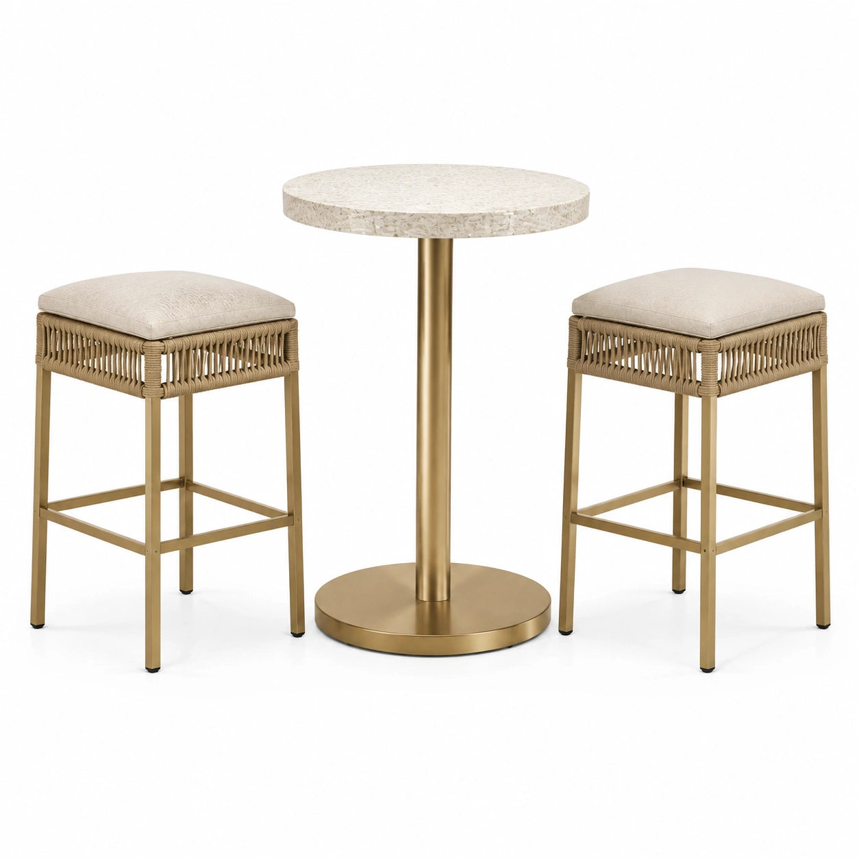 Ensemble de bar 3 pièces avec table ronde Ø 70 × H 105 cm et 2 tabourets 43 × 43 × H 76 cm, beige, doré et blanc cassé