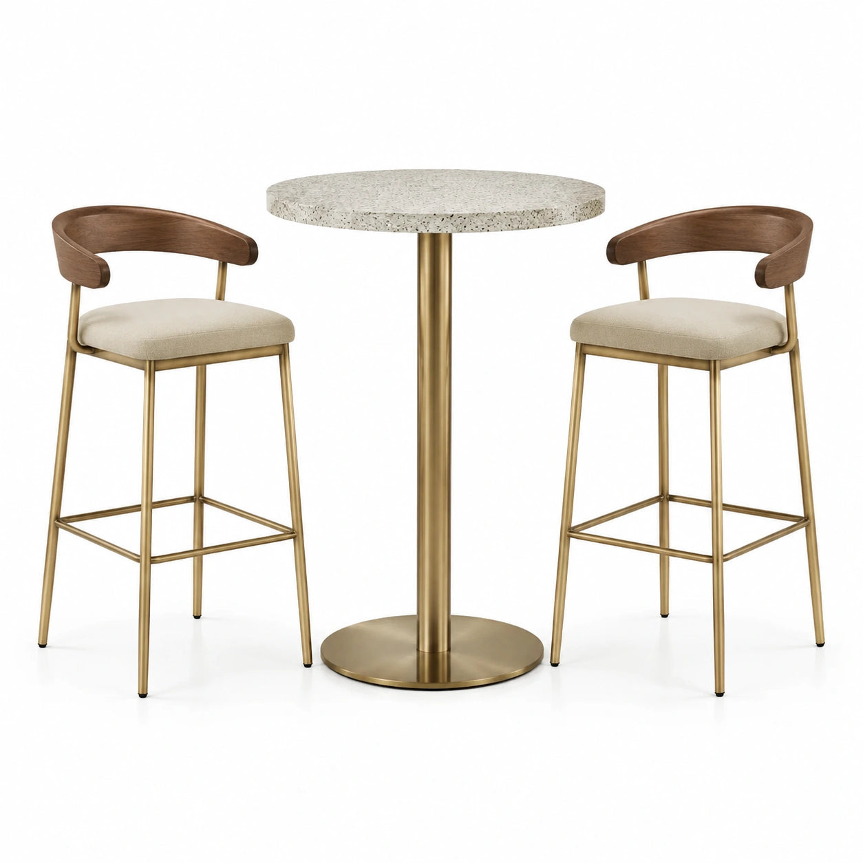 Ensemble de bar avec table ronde Ø 70 × H 105 cm et 2 tabourets 53 × 52 × 96 cm, beige, doré et marron