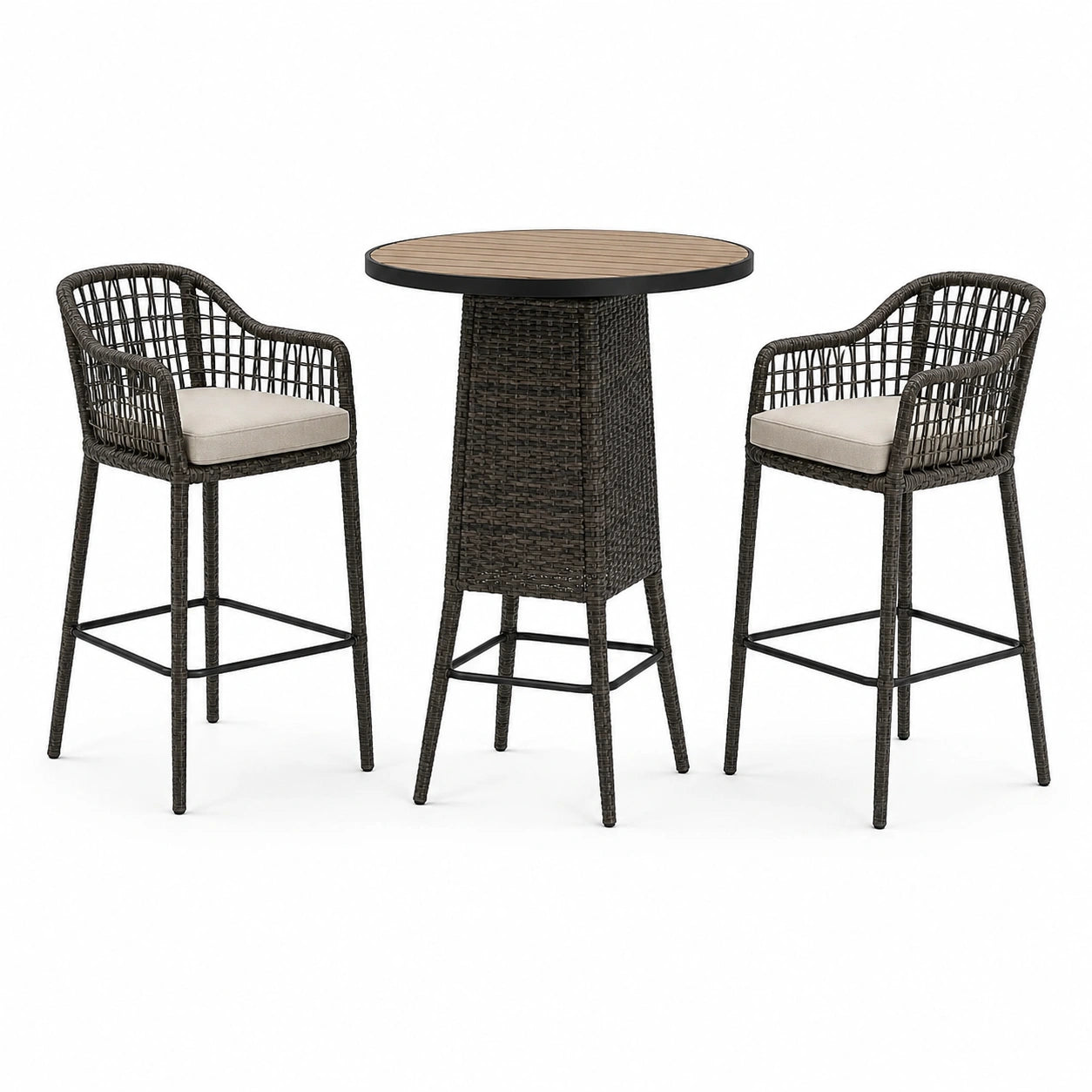 Ensemble de bar extérieur 3 pièces marron foncé et beige, table ronde Ø 70 × H 100 cm et 2 fauteuils 58 × 58 × H 105 cm
