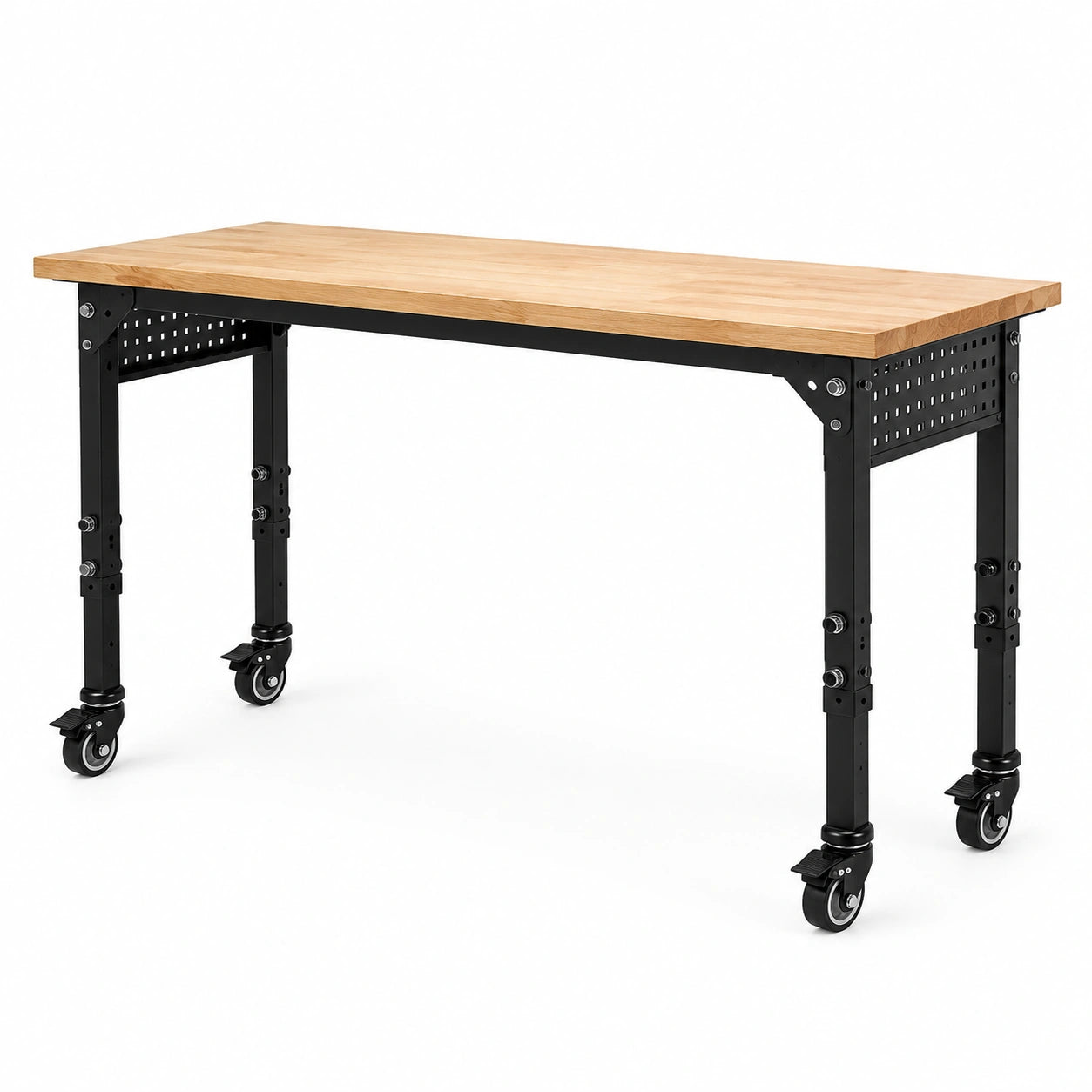 Établi mobile réglable 120 × 60 × 85 cm en bois naturel et acier noir avec roulettes