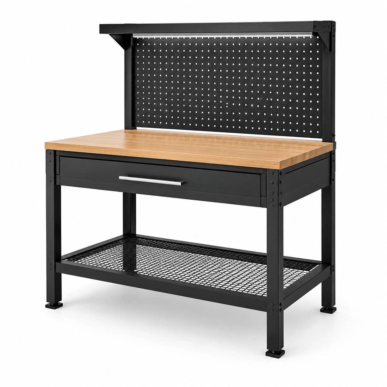 Établi en acier noir et bois naturel 120 × 60 × 155 cm avec panneau perforé, tiroir, éclairage et rangements