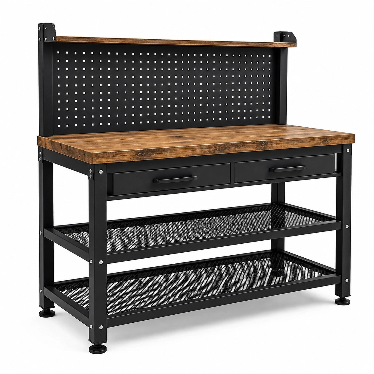 Établi d’atelier 120 × 60 × 150 cm en acier noir et bois brun avec panneau perforé, 2 tiroirs et 2 étagères