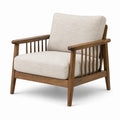 Fauteuil rétro en bois marron et tissu beige avec accoudoirs, 75 × 82 × 83 cm