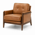 Fauteuil rétro capitonné en cuir cognac et bois marron foncé, 78 × 82 × 83 cm
