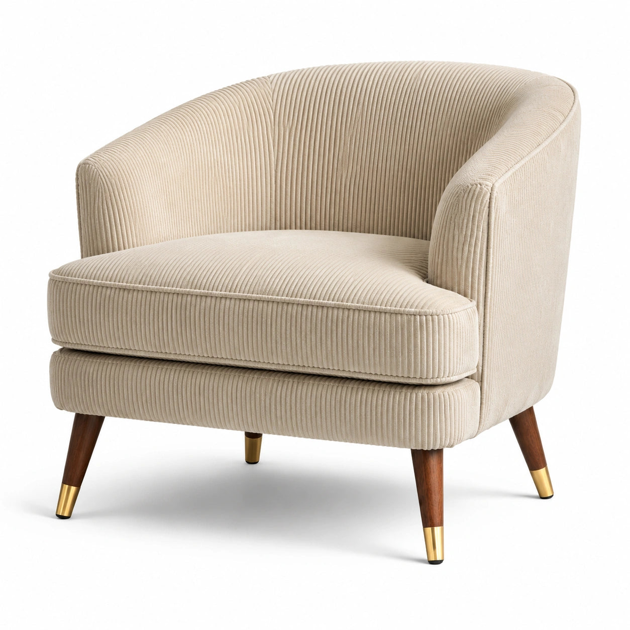Fauteuil contemporain en velours côtelé beige avec pieds en bois, 86 × 82 × 78 cm