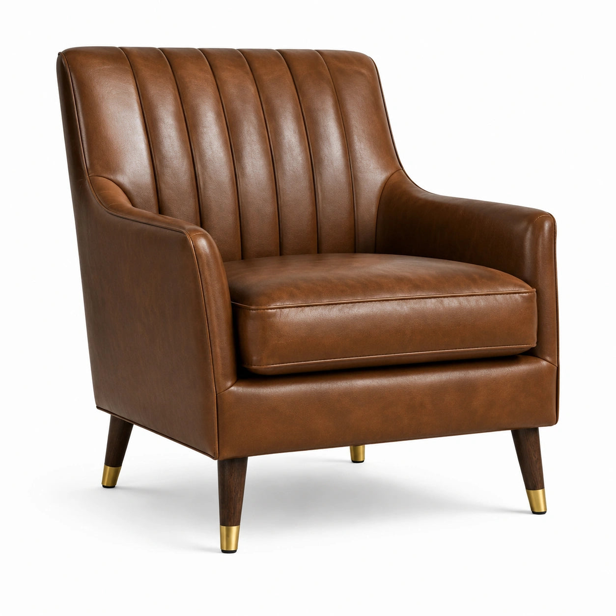 Fauteuil 1 place en similicuir cognac avec dossier cannelé, style rétro, 82 × 80 × 90 cm