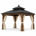 Tonnelle de jardin carrée 360 × 360 × 320 cm en bois brun avec toit rigide noir et rideaux beiges