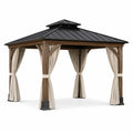 Pavillon de jardin en bois brun 365 x 305 x 310 cm avec toit métallique noir et rideaux beiges