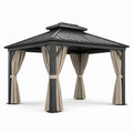 Pavillon de jardin en métal anthracite avec rideaux beiges et toit rigide à double niveau – 400 × 300 × 280 cm