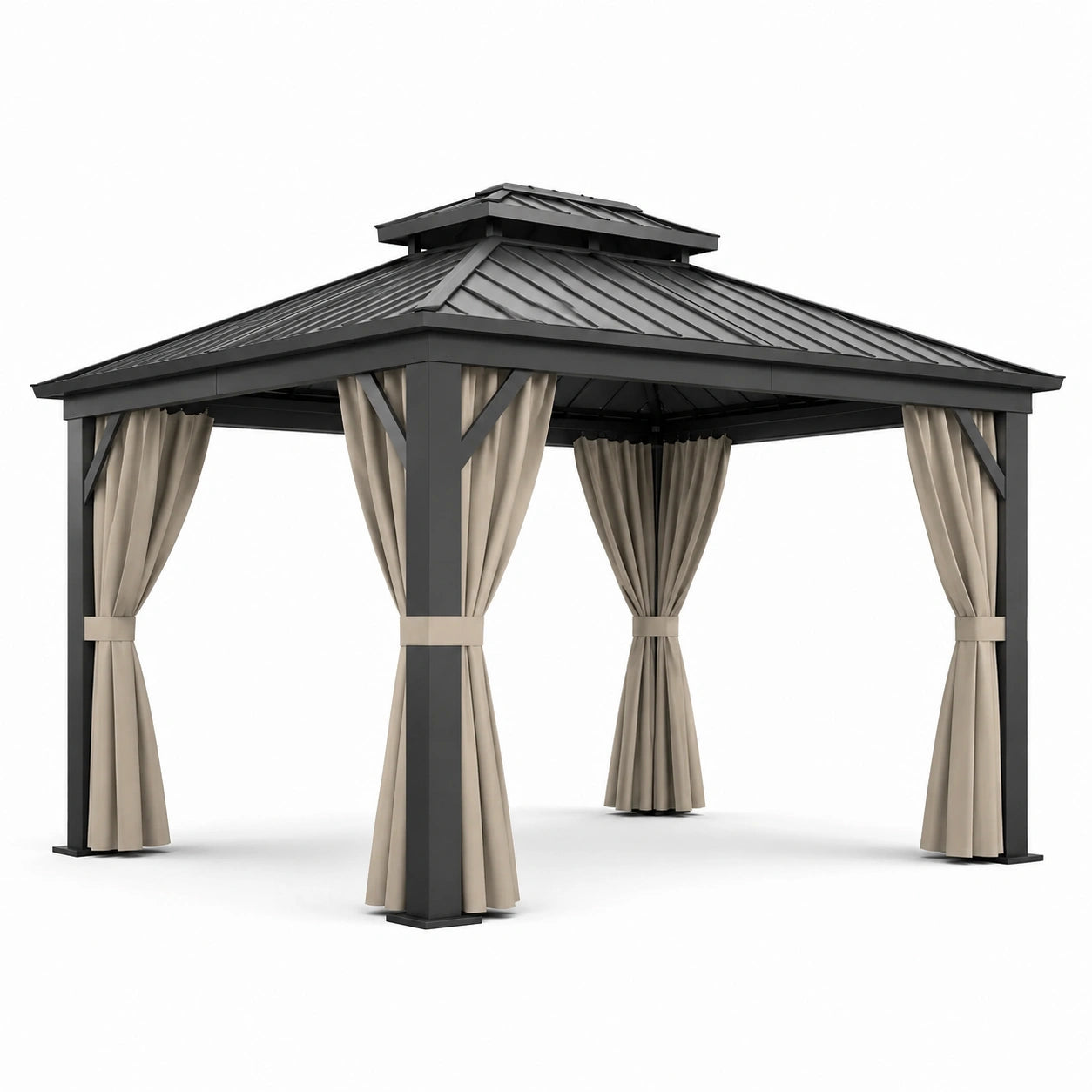 Pavillon de jardin en métal anthracite avec rideaux beiges et toit rigide à double niveau – 400 × 300 × 280 cm