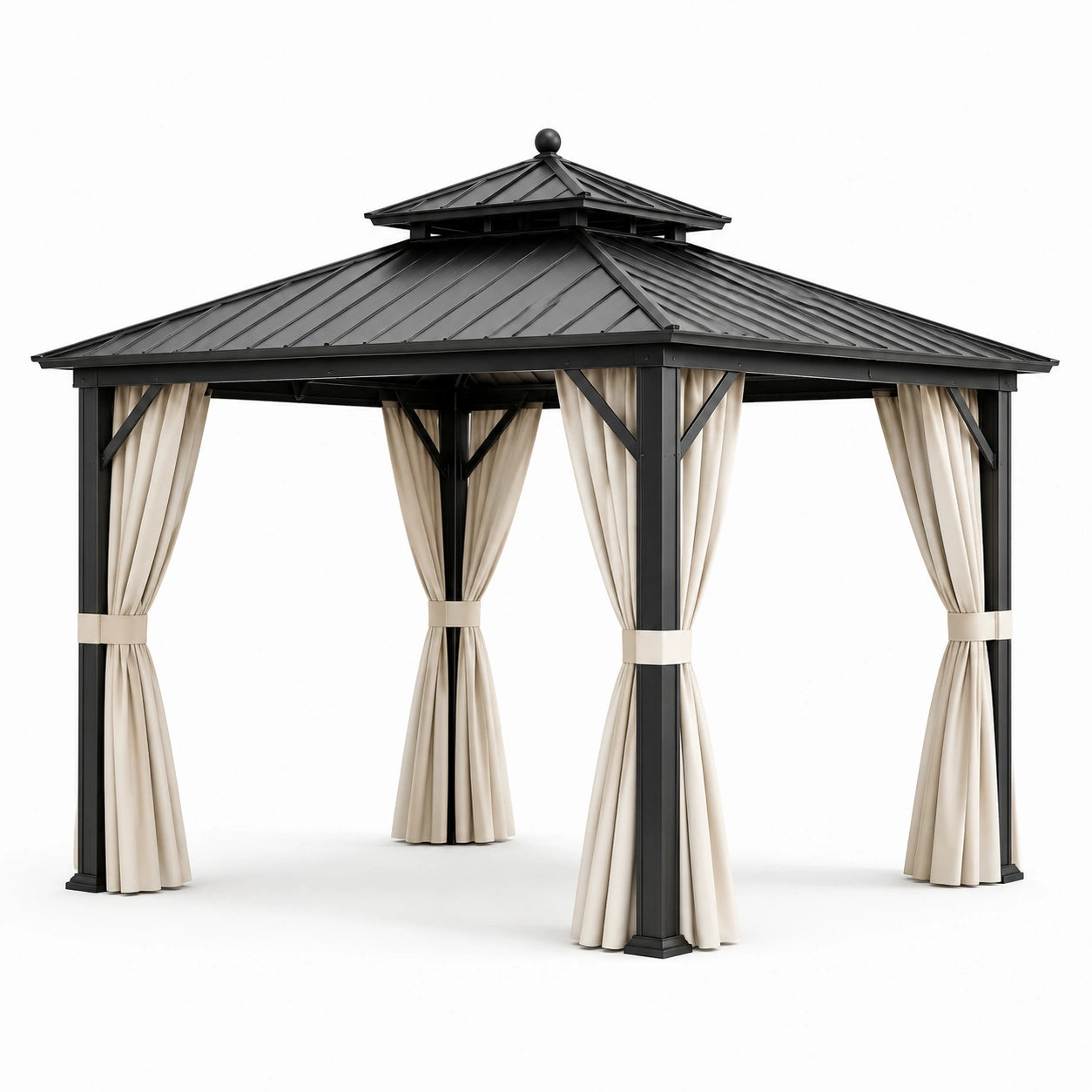 Pergola de jardin carrée 300 × 300 × 290 cm en métal noir avec toit rigide à double niveau et rideaux beiges