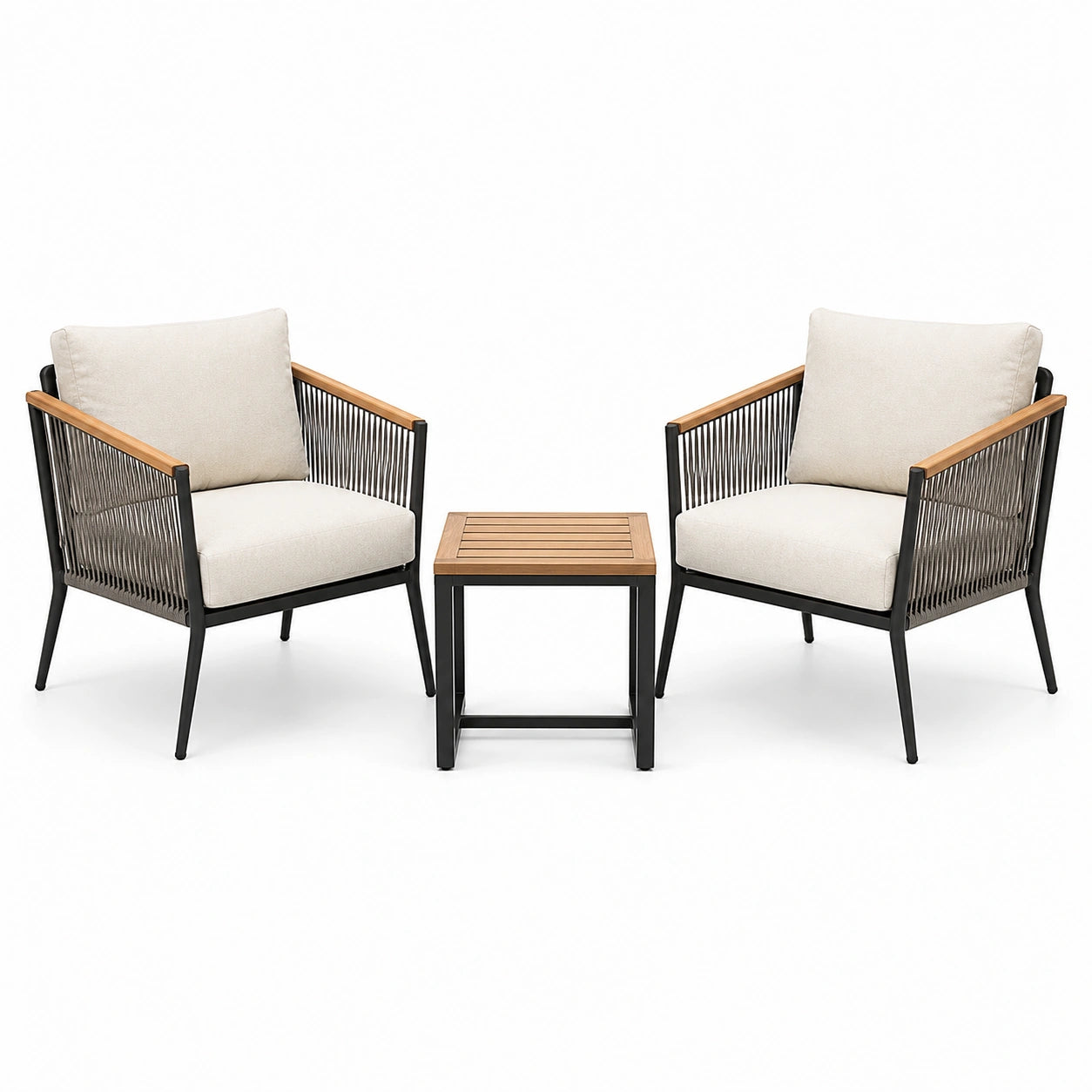 Ensemble 3 pièces avec 2 fauteuils 72 × 75 × 82 cm et table 45 × 45 × 43 cm, beige, noir et brun