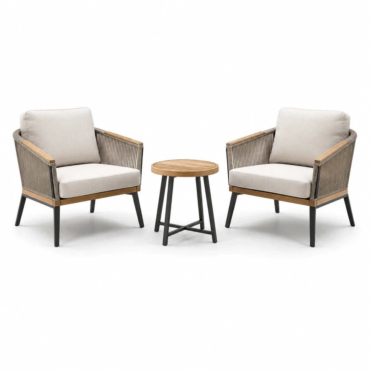 Salon de jardin 3 pièces avec 2 fauteuils 76 × 75 × 82 cm et table ronde Ø 50 × 55 cm, beige, taupe, noir et bois naturel
