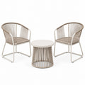 Salon de jardin 3 pièces avec table ronde Ø 50 x H 50 cm et 2 fauteuils 58 x 60 x 78 cm, métal et corde tressée beige et taupe