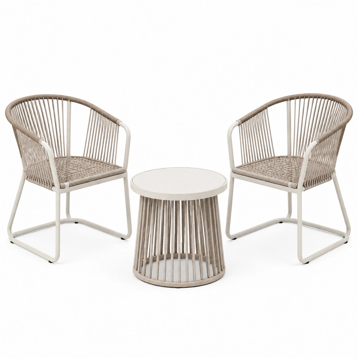 Salon de jardin 3 pièces avec table ronde Ø 50 x H 50 cm et 2 fauteuils 58 x 60 x 78 cm, métal et corde tressée beige et taupe