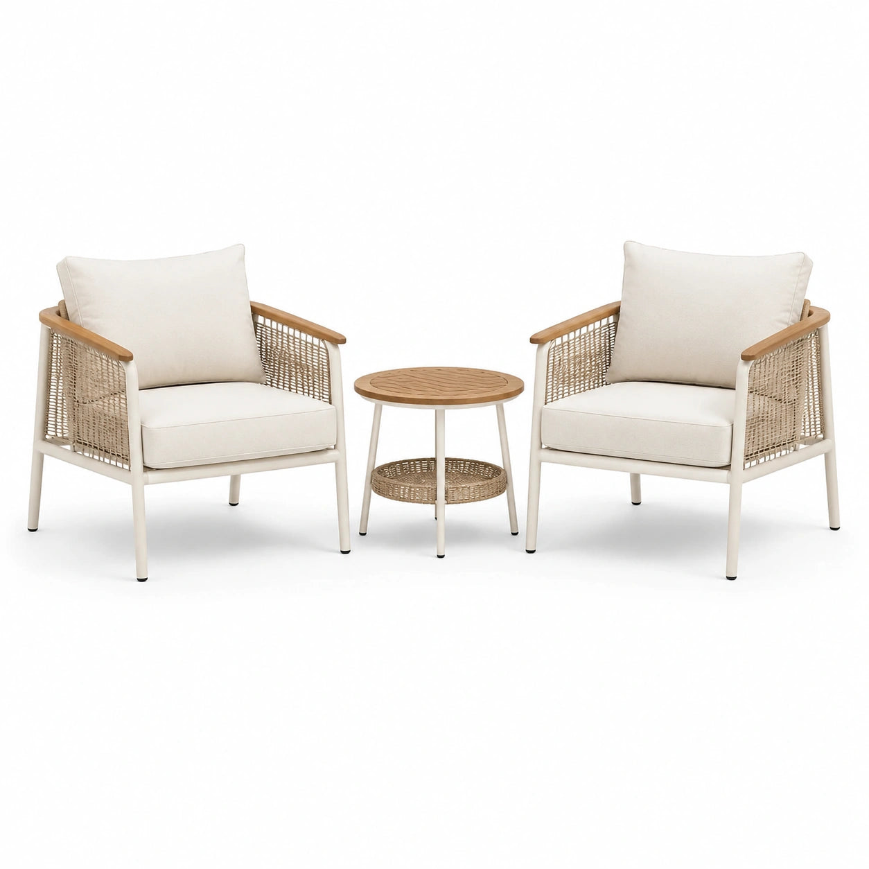 Ensemble de jardin 3 pièces beige et blanc cassé avec 2 fauteuils 74 × 78 × 80 cm et table ronde Ø 50 × 48 cm